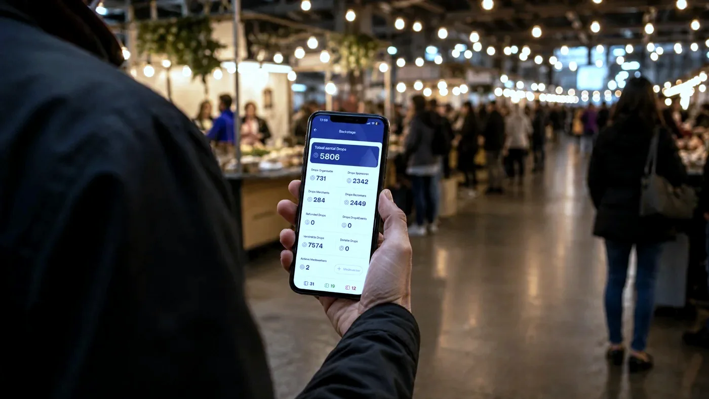 Een organisator bekijkt op een evenement het Backstage-overzicht op zijn telefoon, met het totale aantal Drops en de verdeling over sponsors, leveranciers en bezoekers
